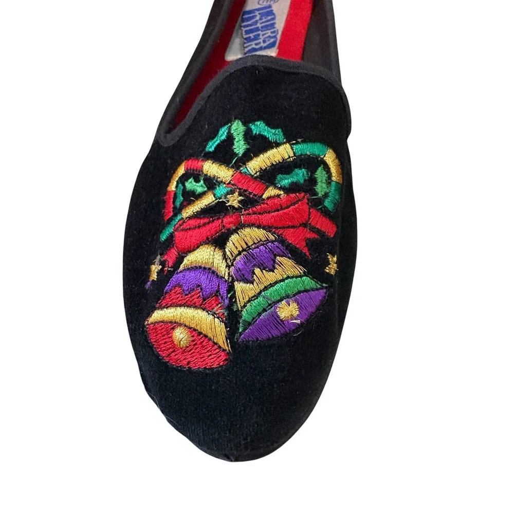 Laura Tyler Christmas Bell Flats Womens 7.5 Black Embroidered Holiday Shoes NEW